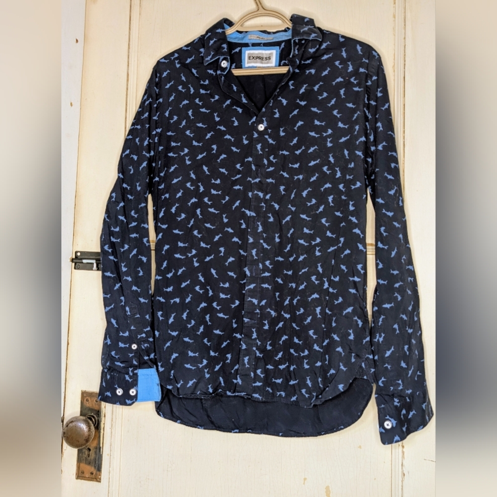 Men's Black and Blue Shark Patterned Button Up